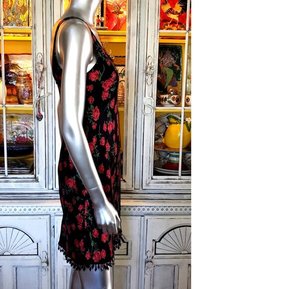 Vintage Betsey Johnson New York 90s Red Rose Floral Black Bead Silk Slip Dress S - Picture 9 of 11